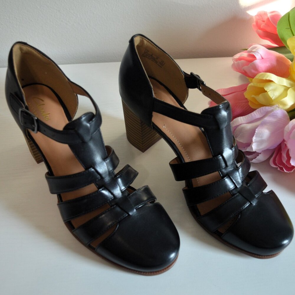 Clarks Artisan Ciera Gull Black Leather T-Strap Sandals - Picture 7 of 14